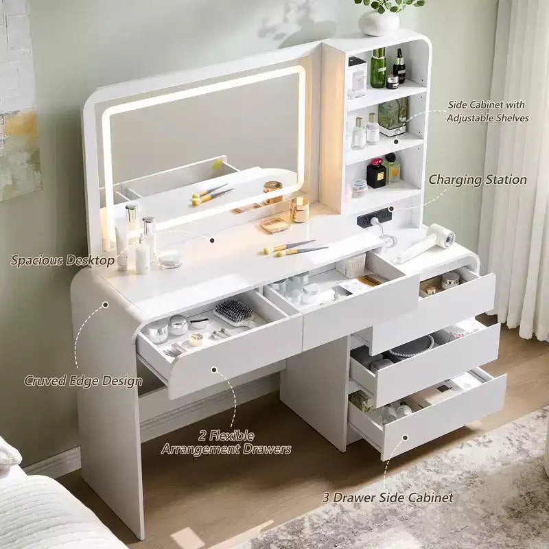 Vanity Desk with 35.4 LED Mirror and Lights, Modern Makeup Vanity Table with Charging Station & Adjustable Shelves