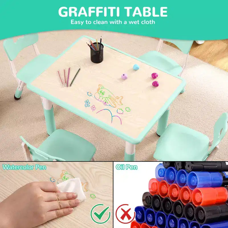 Children's table and 4 chairs, height-adjustable, doodle tabletop, multifunctional children's table and chair set for reading, drawing, dining