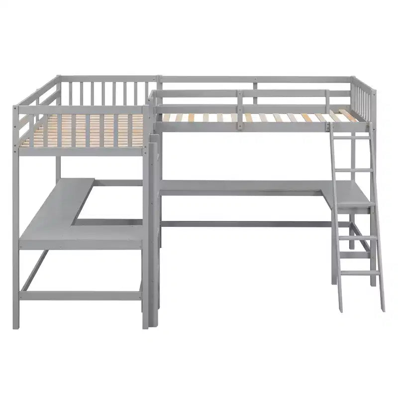 119''L 79.5''W Wood Twin Size L-Shaped Loft Bed with Ladder and 2 Built-in L-Shaped Desks