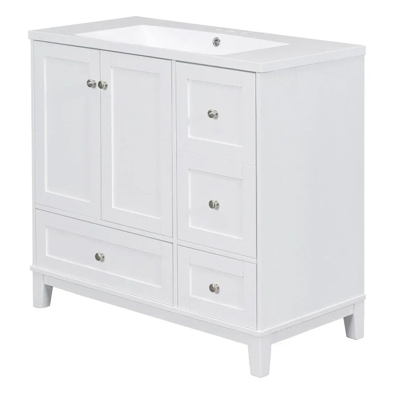 36 Inch Bathroom Vanity with USB Charging, Resin Sink, Solid Wood Frame, 3 Drawers Storage