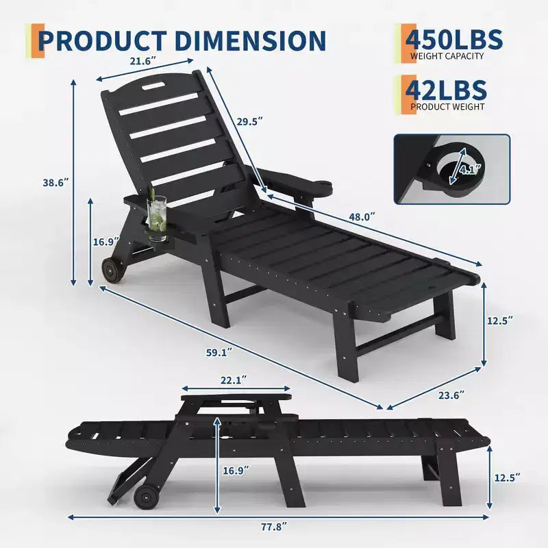 Lot de 2 chaises longues pliantes réglables 5 positions en PEHD, transats d'extérieur avec porte-gobelet, roulettes, accoudoirs, résine durable