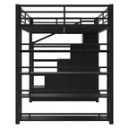 Queen Size Metal Loft Bed with Storage Shelves, Cabinets and Wardrobe