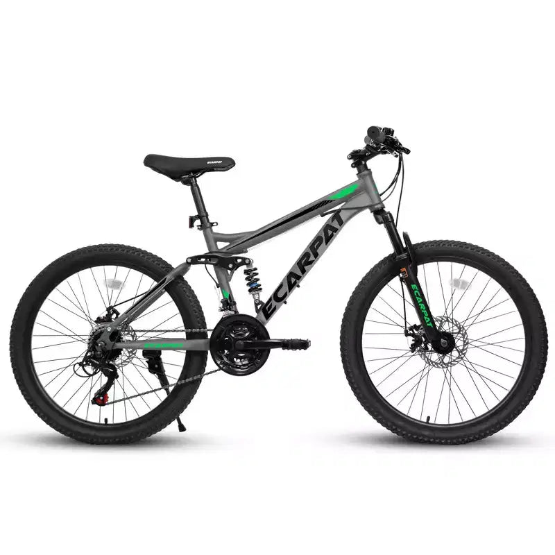 Okak 24 Inch Carbon Steel Mountain Bike with Full Suspension, Mens Bike with 21 Speed Shifter Lever and Disc Brakes, Bicycle for Kids&Adults