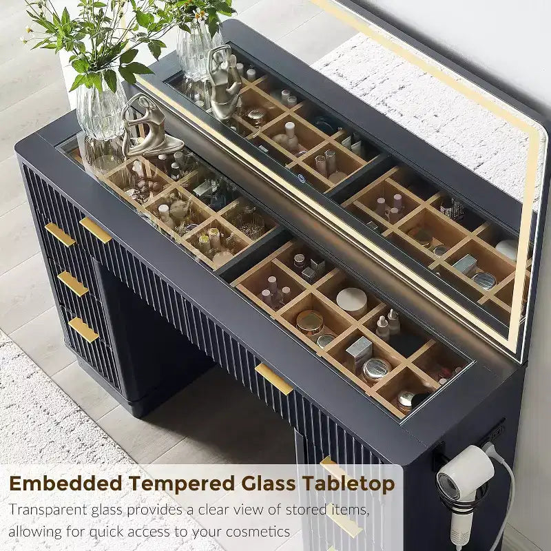 48 Fluted Makeup Vanity Desk with Mirror and Lights, Modern Vanity Table with 8 Drawers & Charging Station, Vanity Desk with Glass Top