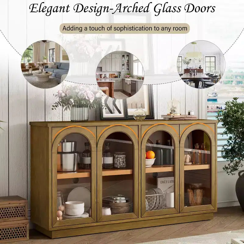 4-Door Large Storage Buffet Cabinet with Glass Doors, Arched Cabinet with Adjustable Shelves for Kitchen