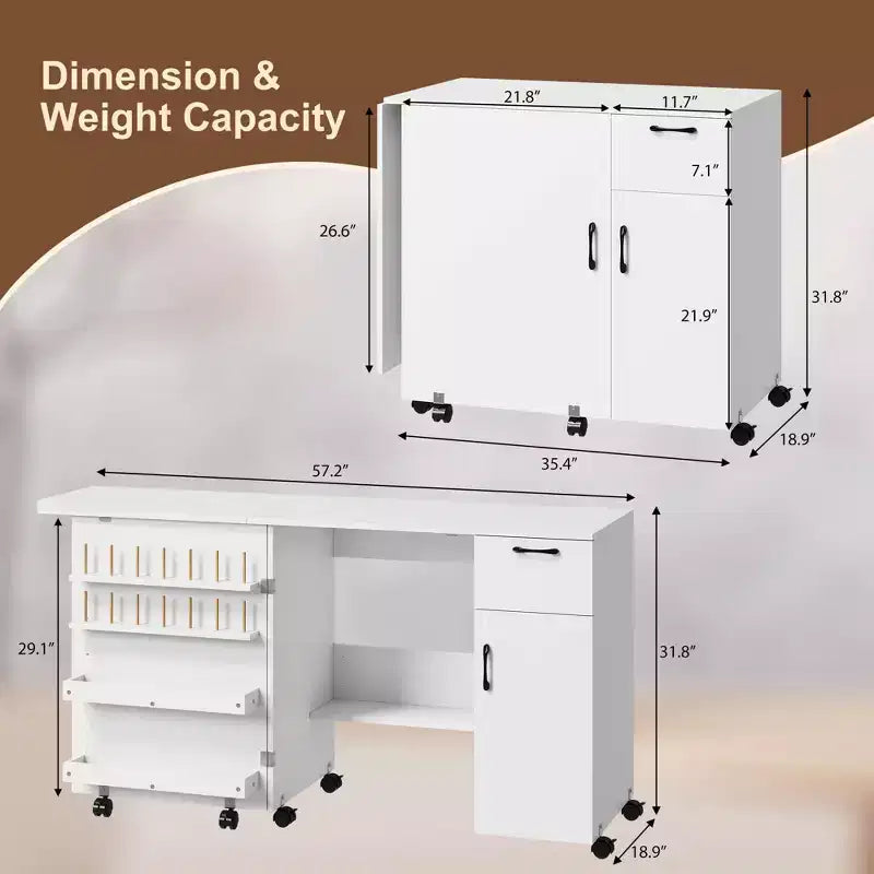 Folding Sewing Machine Table, Rolling Side Desk for Sewing Machine, Craft Station with Lockable Wheels for Home, Bedroom, Small Spaces