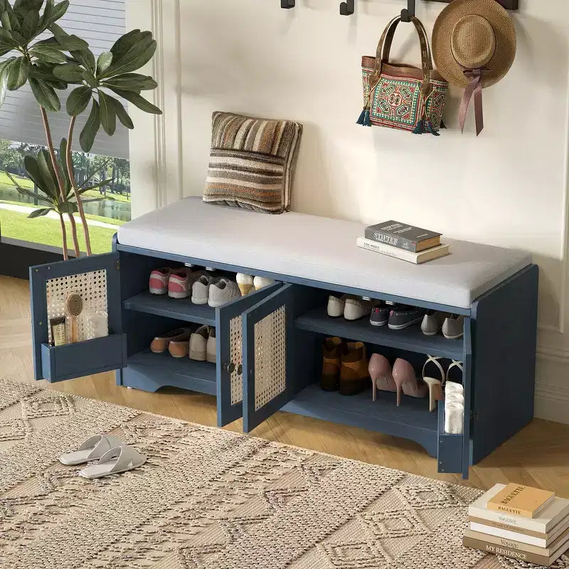 Whisen Rustic Wood Storage Bench, Entryway Shoe Bench with Removable Cushion, Adjustable Shelves