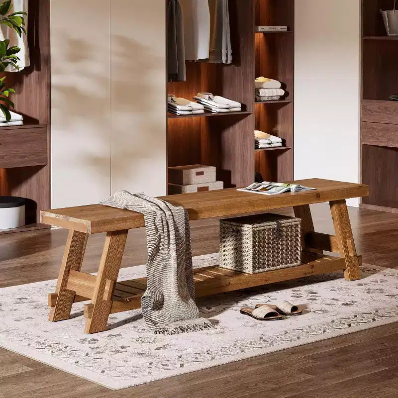 Lantine 63 Solid Wood Shoe Storage Bench , Farmhouse Entryway Bench with Storage Shelf, Dining Bench for Entryway, Bedroom, Mudroom, Rustic Brown