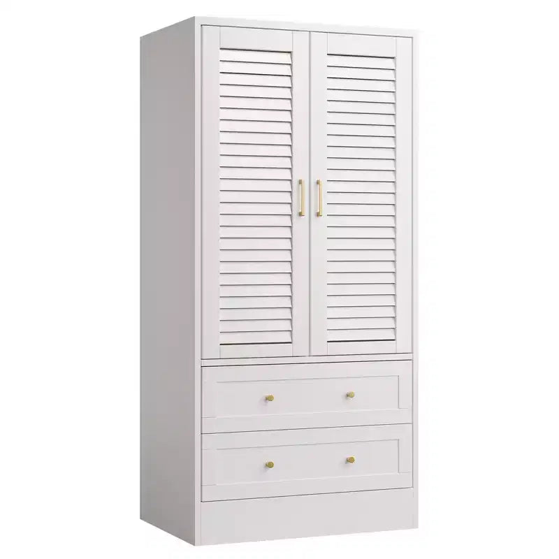 Armoire à persiennes GustoWave 65, Placard en bois avec 2 portes et 2 tiroirs, Rangement avec tringle à suspendre pour chambre à coucher