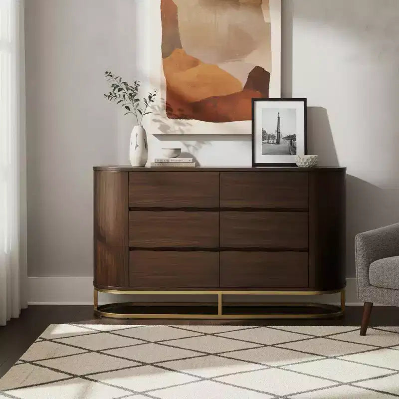 Modern 6-Drawer Dresser with Live Edge Design, Metal Base & Durable Mixed Wood Construction