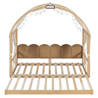Solid Wood Playhouse Platform Bed Floor Montessori Bed Frame with Arched Roof and Trundle for Girls and Boys