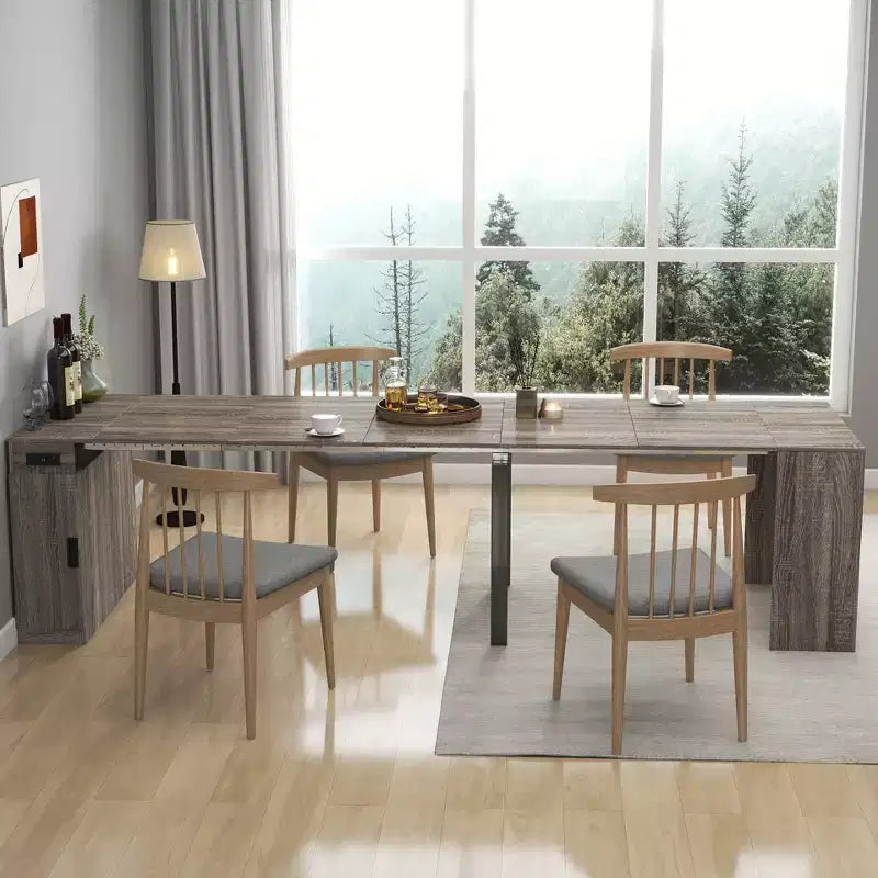 CLIHOME Modern Multifunctional Extendable Dining Table with Outlet, Space Saving Expanding Table with Storage