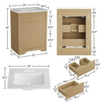 Modern Fluted Bathroom Vanity Set with Integrated Ceramic Basin Freestanding Bathroom Storage Vanity Cabinet with 3 Drawers for Contemporary Bathroom