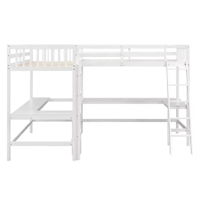 119''L 79.5''W Wood Twin Size L-Shaped Loft Bed with Ladder and 2 Built-in L-Shaped Desks