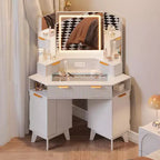 47 Corner Makeup Vanity Desk with Mirror and Light, Wooden Dressing Table with Glass Top & Charging Station, Makeup Vanity Table for Bedroom