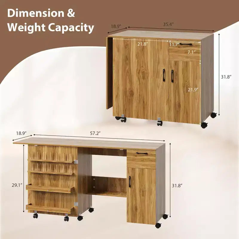 Folding Sewing Machine Table, Rolling Side Desk for Sewing Machine, Craft Station with Lockable Wheels for Home, Bedroom, Small Spaces
