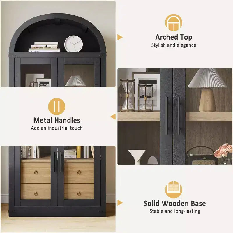 GustoWave 71.4 Tall Arched Bookcase with 4 Doors and 2 Drawers, 15.8 Depth Display Cabinet Storage Shelves ,Wooden Bookshelf