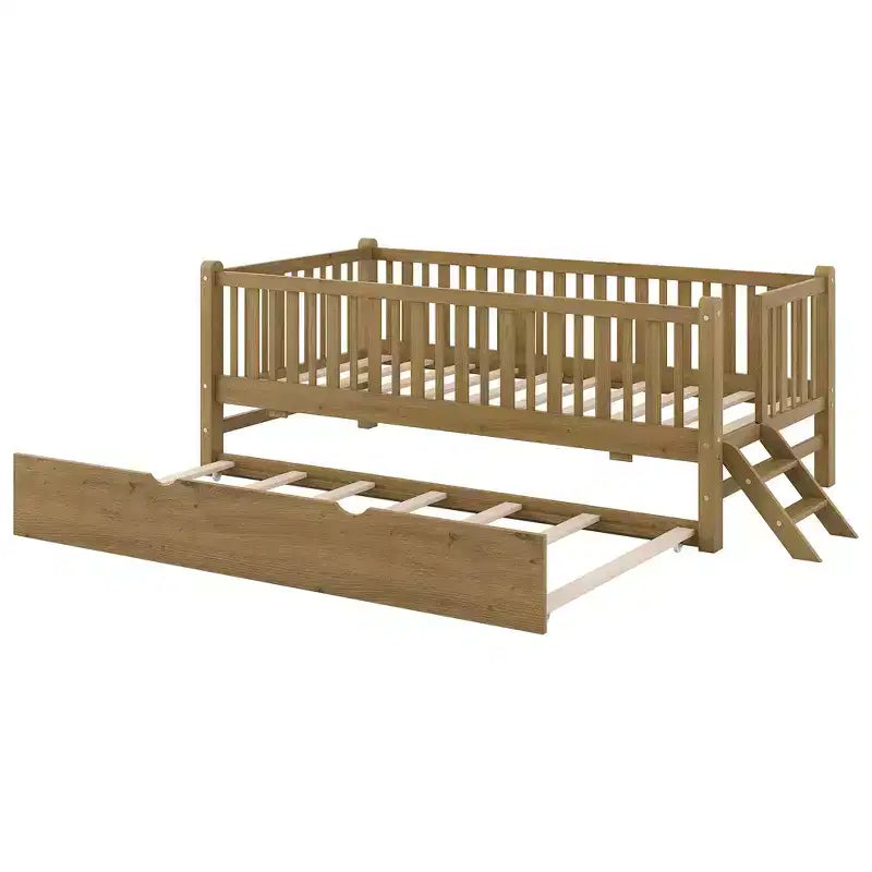 Whisen Twin Size Wood Platform Bed with Guardrail and 2 Drawers