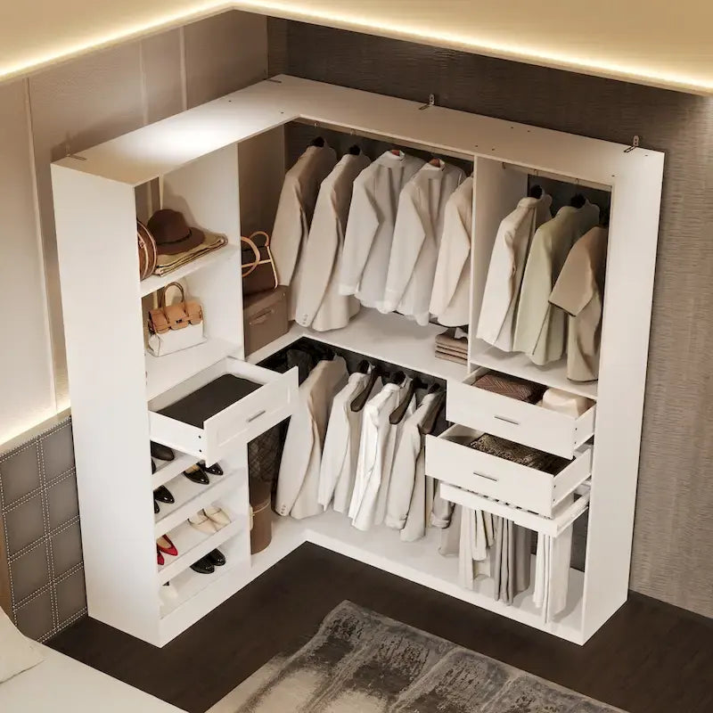 Corner Wardrobe Closet with 2 Hanging Rods, Pants Rack, and Shoe Storage Organizer Armoires