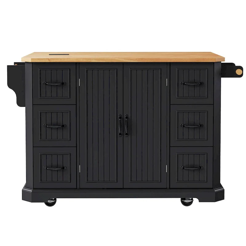 Expandable Drop-Leaf Kitchen Island, Kitchen Cart on 4 Wheels with Power Outlet, Moveable Island Table with 2 Door & 6 Drawers