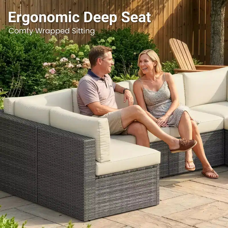 Outdoor 7-Piece Patio Furniture Set, Wicker Patio Conversation Sets with Cushions and Coffee Table, Outdoor Modular Sectional Sofa