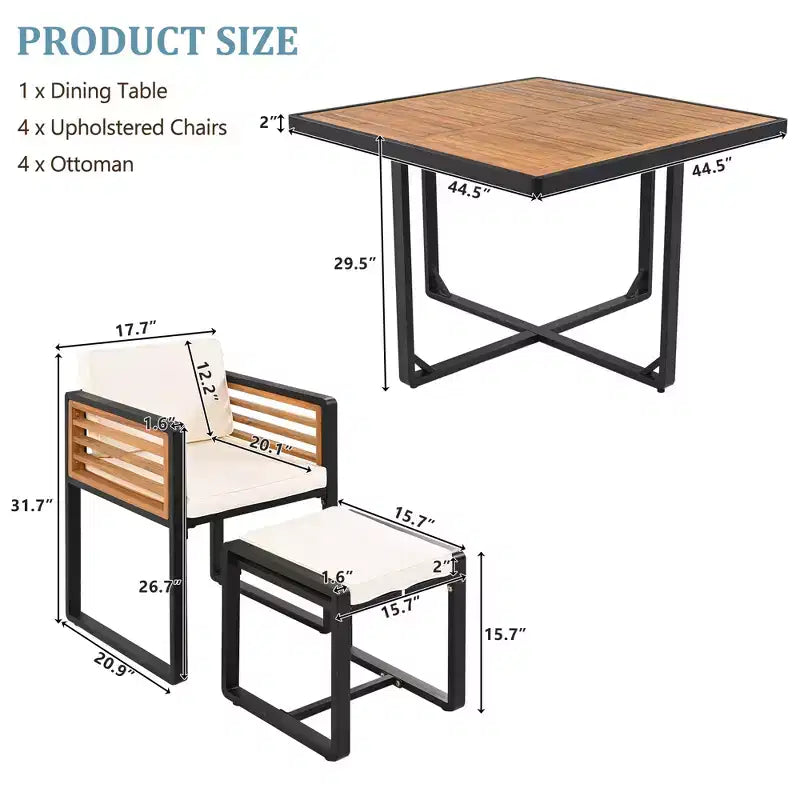 GDFStudio Donald Patio 9-Piece Acacia Wood Dining Set with Square Table, 4 Cushioned Chairs and 4 Stools