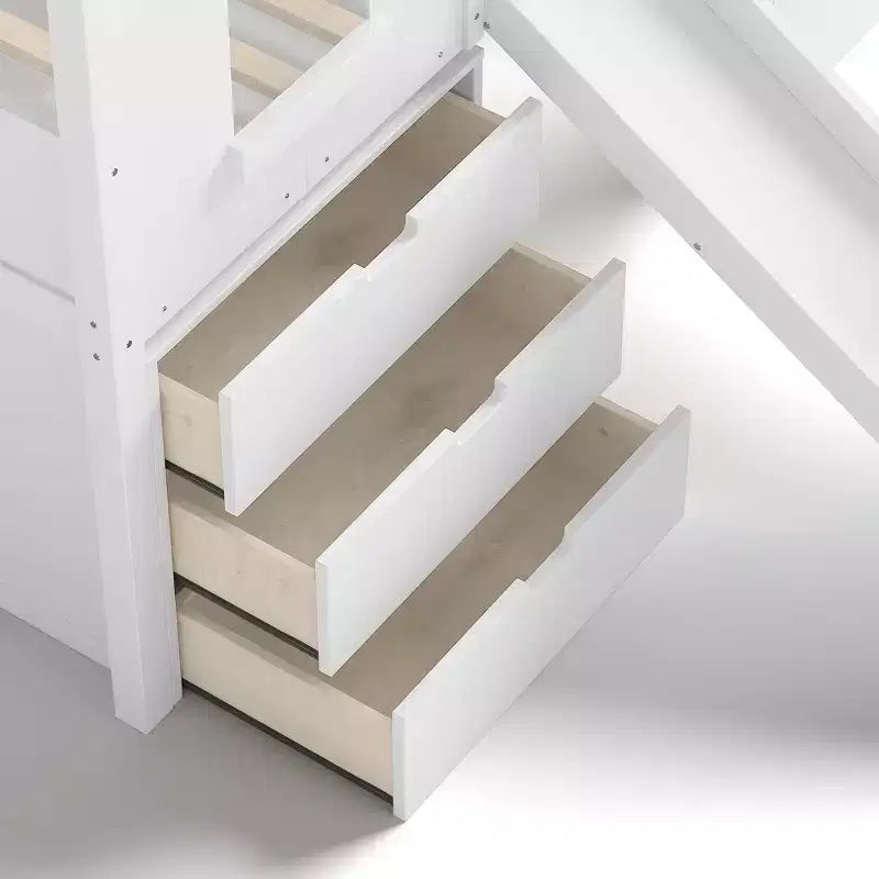 Letto a soppalco singolo con 3 cassetti e scala contenitore, struttura a casetta in legno con scivolo e scrivania rimovibile