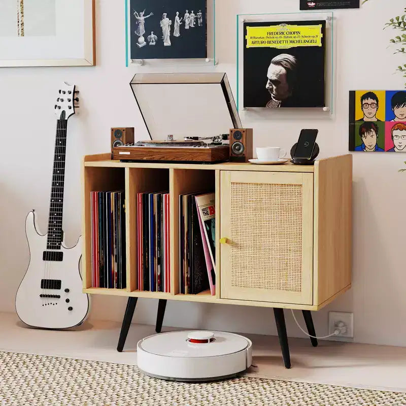Costway Record Player Stand w/ Charging Station & Rattan Cabinet Adjustable Shelf
