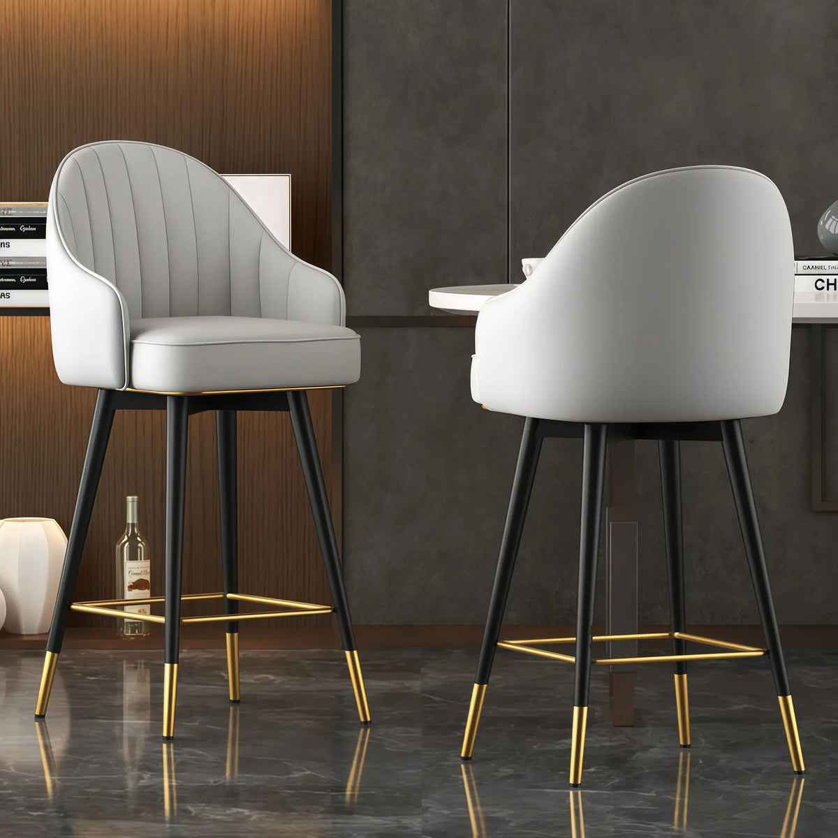 Tabouret de bar Art Déco pivotant en cuir avec dossier et assise rembourrés