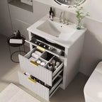 Modern Fluted Bathroom Vanity Set with Integrated Ceramic Basin Freestanding Bathroom Storage Vanity Cabinet with 3 Drawers for Contemporary Bathroom