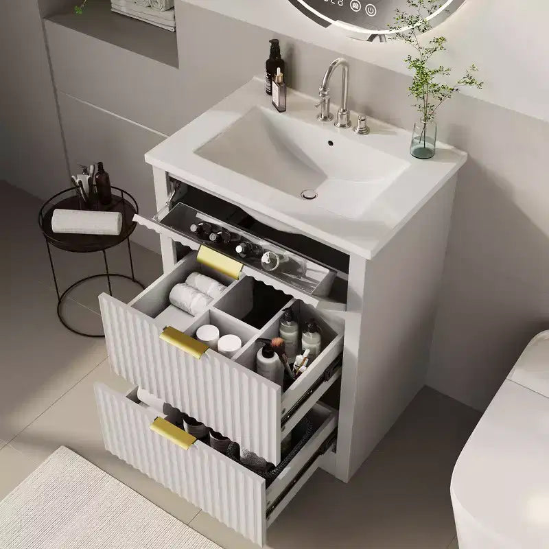 Modern Fluted Bathroom Vanity Set with Integrated Ceramic Basin Freestanding Bathroom Storage Vanity Cabinet with 3 Drawers for Contemporary Bathroom