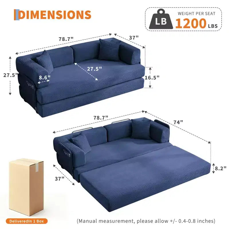 Modern 79 Corduroy Futon Sofa Bed for Small Spaces, 5-in-1 Convertible Sleeper Couch with Removable Armrests & Pillows