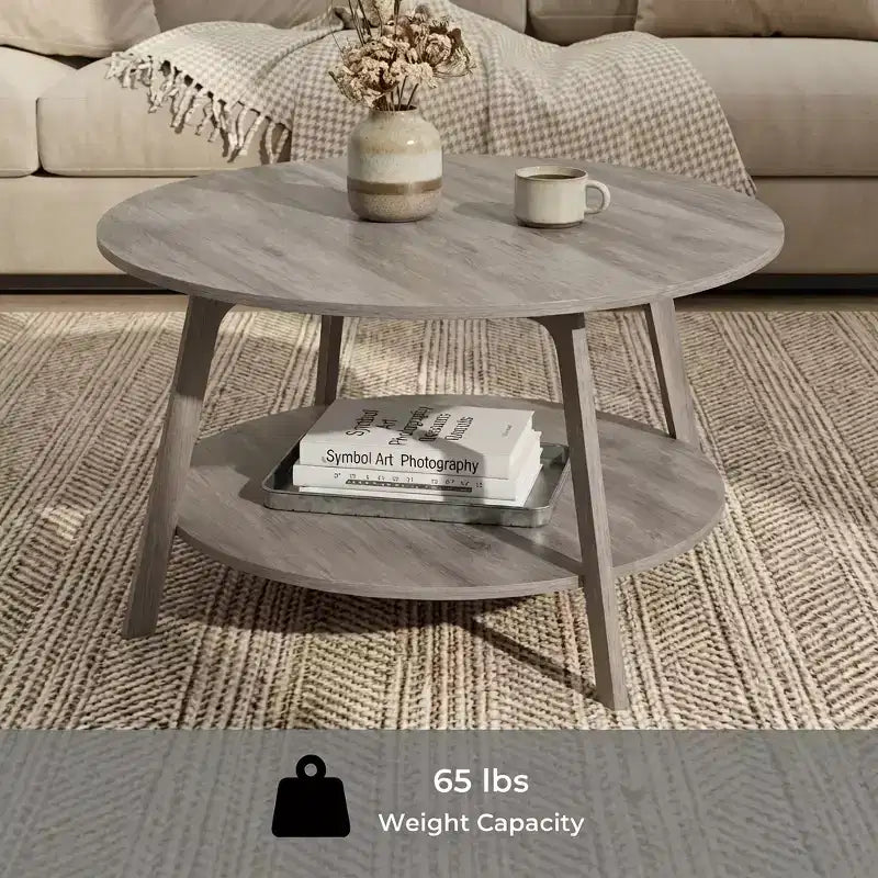 Honey Brown Round Coffee Table with 2 Tiers of Storage, Measuring 31.5 x 17.7 Inches, Ideal for the Living Room