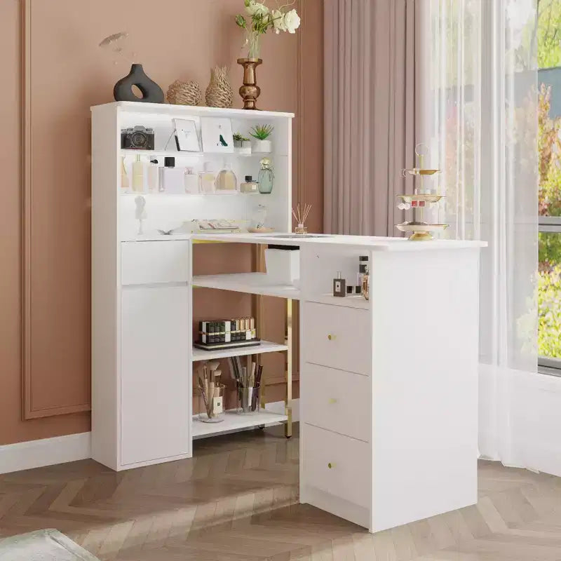 White Nail Table with Built-in Dust Extractor, Tempered Glass Display, Gold Handles Nail Salon Station Makeup Vanity Makeup Table