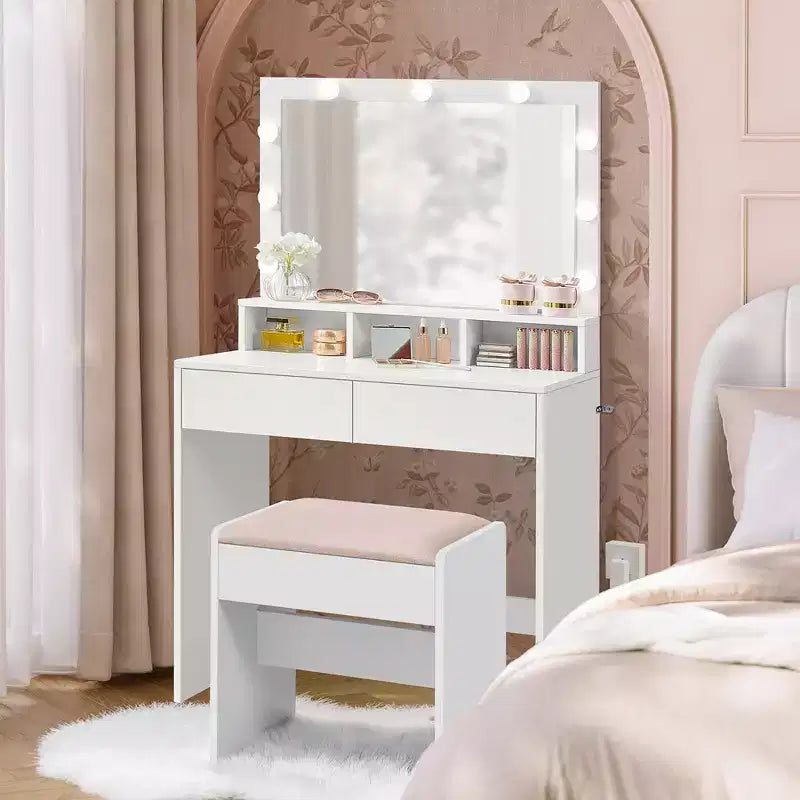 VASAGLE Vanity Desk with Mirror and Lights, Makeup Vanity with Upholstered Vanity Stool, 9 Dimmable LED Lights, 3 Compartments, 2 Drawers