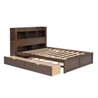 Full Storage Platform Bed with Trundle, Bookcase Headboard and Charging Station, Wooden Full Size Bed Frame with Shelves and Drawers