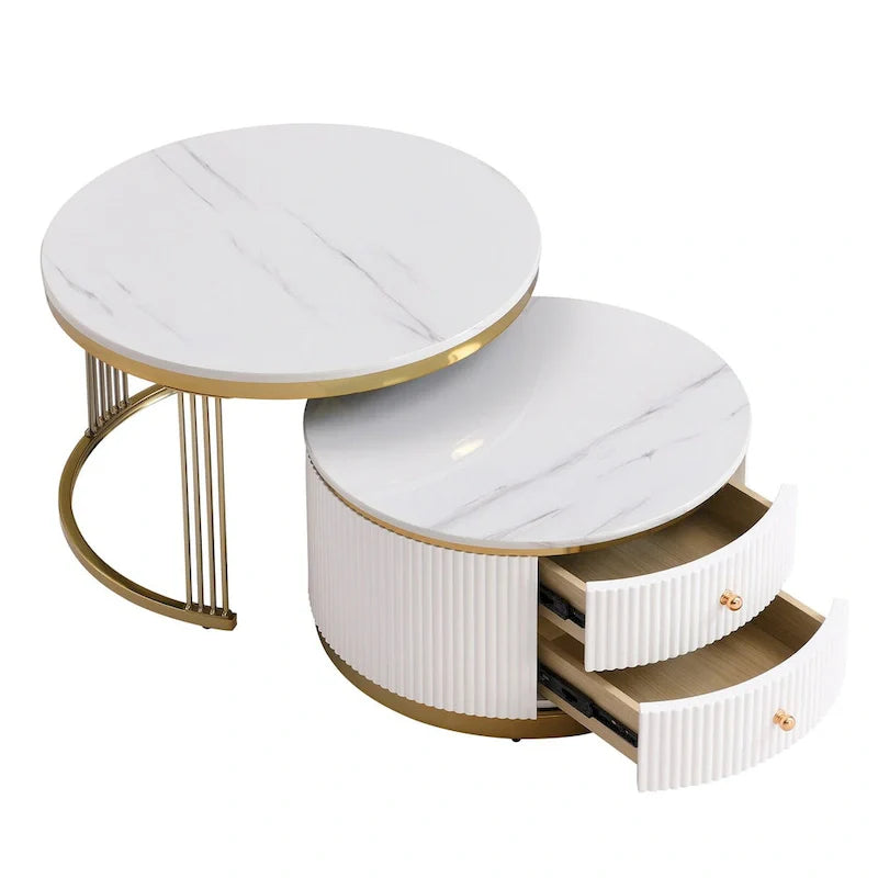 2 Pieces White Round Nesting Coffee Table with Drawers