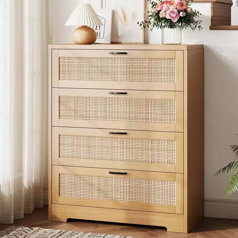 Zstar Modern Tall Rattan 4 Drawer Dresser or Living Room, Hallway, Entryway, Bedroom