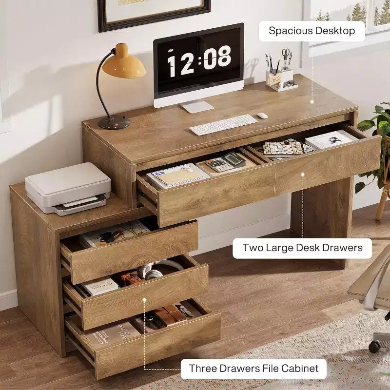 Lantine Computer Desk with 5 Drawers, Wood Executive Desk with File Cabinet and Printer Stand for Home Office, Small Spaces