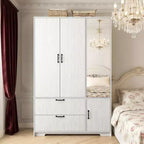 4 Doors White Wardrobe Closet with Mirror, LED Lights, 2 Drawers, Hanging Rod & Adjustable Shelves, Wooden Bedroom Storage Cabinet