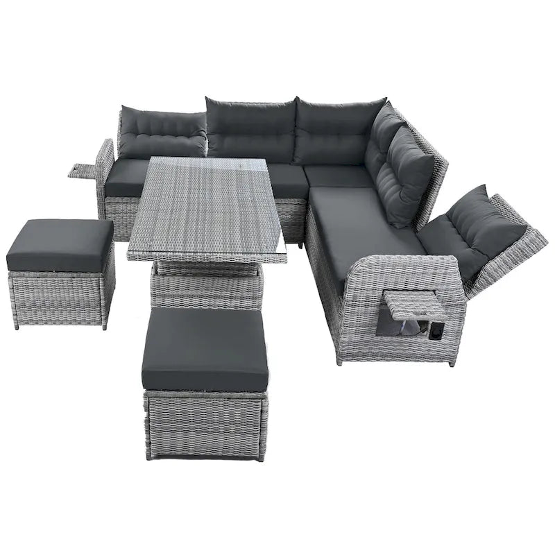 Outdoor Rattan Sectional Sofa Set with Adjustable Table & Recliners