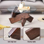 Okak Modern Circular Glass Coffee Table, Small Distinctive Design Tea Table Wood Legs for Living Room Reception Office Farmhouses