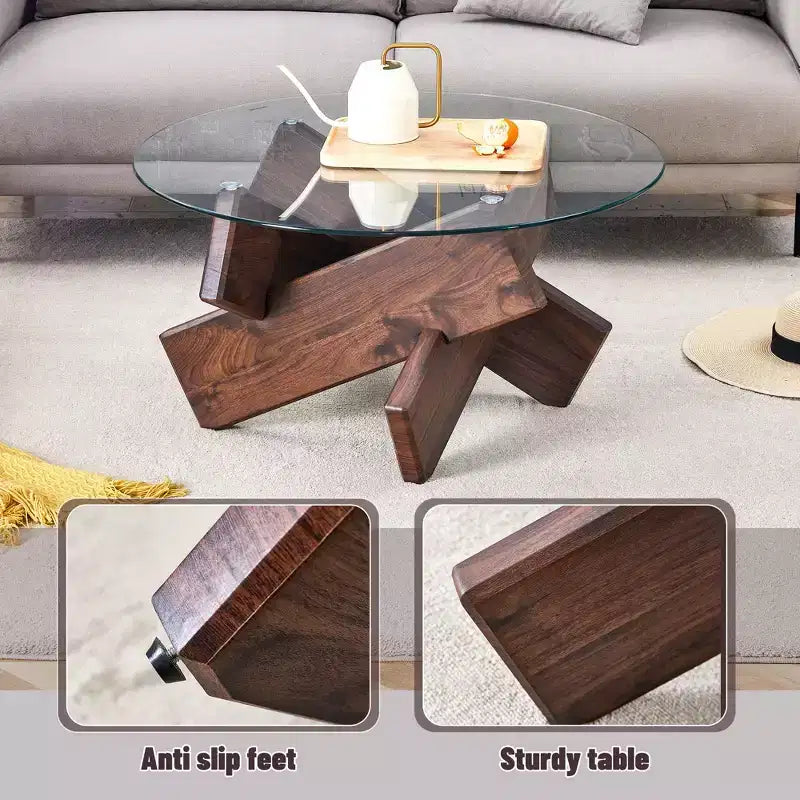 Okak Modern Circular Glass Coffee Table, Small Distinctive Design Tea Table Wood Legs for Living Room Reception Office Farmhouses