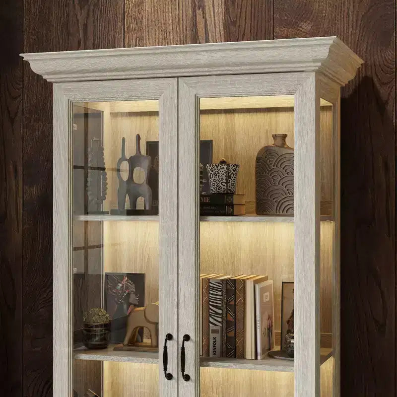 Famapy Bookcase Gray Oak Glass Display Cabinet wLED Light Strip, Tall Bookshelf with Doors Curio Storage Cabinet