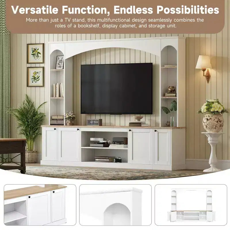 Whisen 91 Media Console, Arched Entertainment Center Wall Unit, Farmhouse TV Stand with Bookshelf, Wood Grain for TVs Up to 70