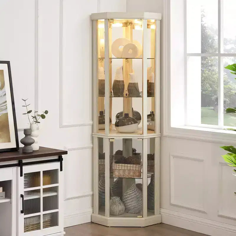 Corner Curio Cabinet with Glass Doors and Shelves, Corner Display Case for Living Room
