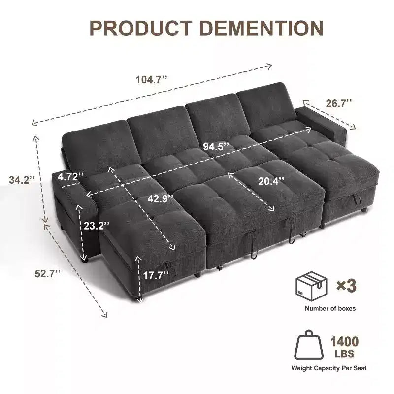 104 U-Shaped Convertible Sleeper Sofa Bed with Storage