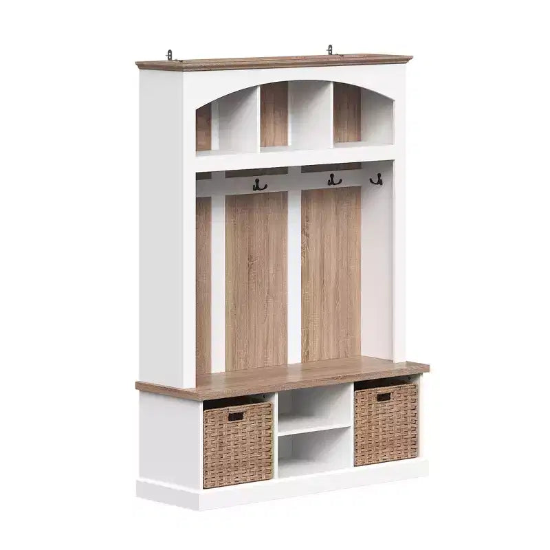 White and Oak Entryway Storage Bench with Hooks, Shelves, and 2 Woven Baskets Hall Tree