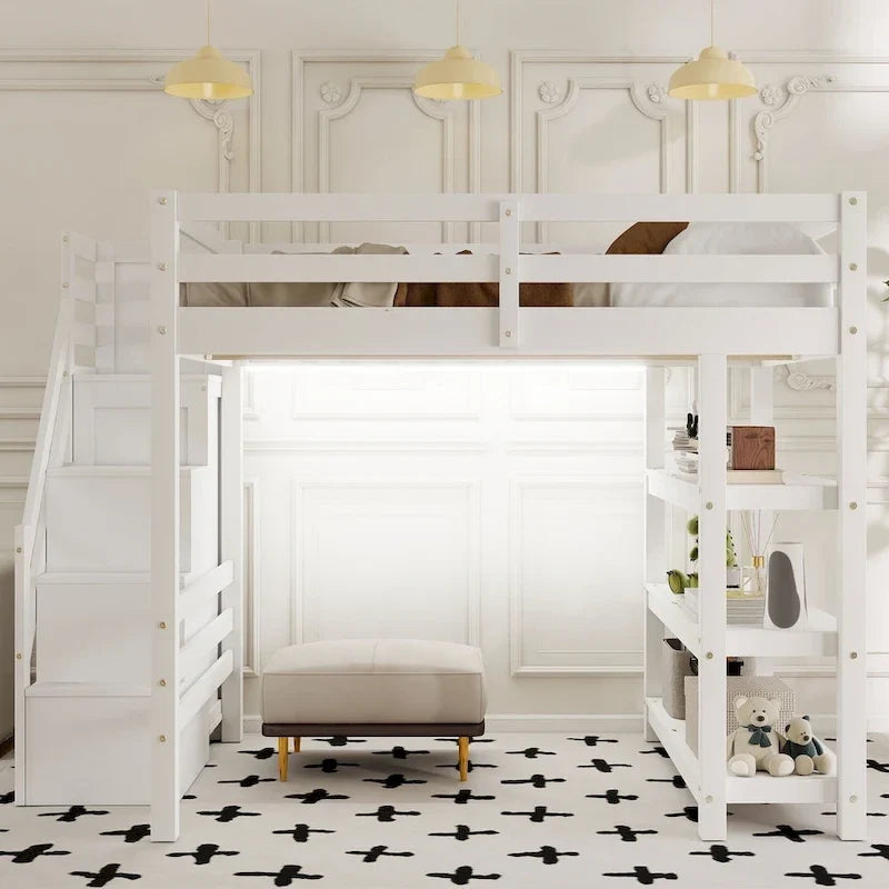 Full/Twin Loft Bed with Storage Stairs - Shelves, Wardrobe & LED Light, Space-Saving Design