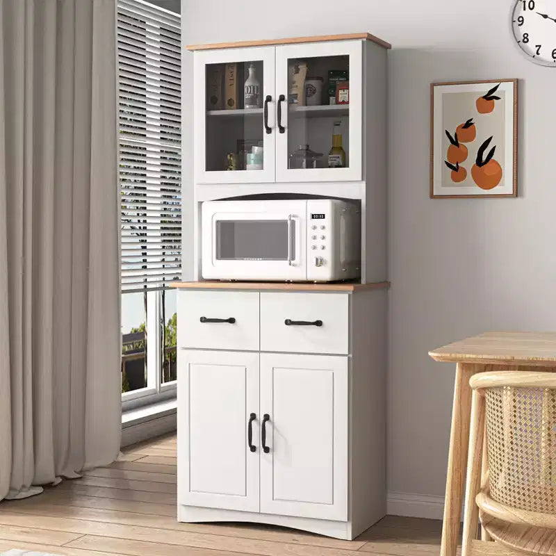 23 Wooden Kitchen Cabinet, Pantry Microwave Cabinet with Glass Doors and Drawers, Adjustable Shelves, White